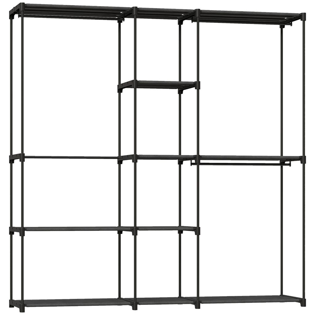Portable Wardrobe, Open Clothes Wardrobe with 8 Shelves, 3 Hanging Rails, Black