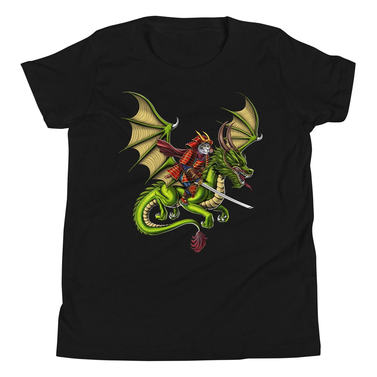 Japanese Samurai Cat Riding Dragon Kids T-Shirt, Samurai Warrior Boys Tee, Ninja Shirt, Samurai Clothing, Samurai Clothes, Samurai Apparel 110