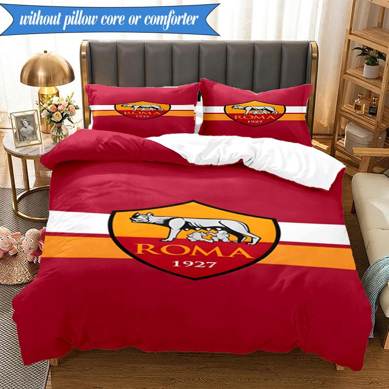 3PCS AS Roma1 Football club Printed Soft Bedding Set,Including 1pc Duvet Cover And 2pcs Pillowcases Perfect for Bedroom, Dormitory, Fan gift