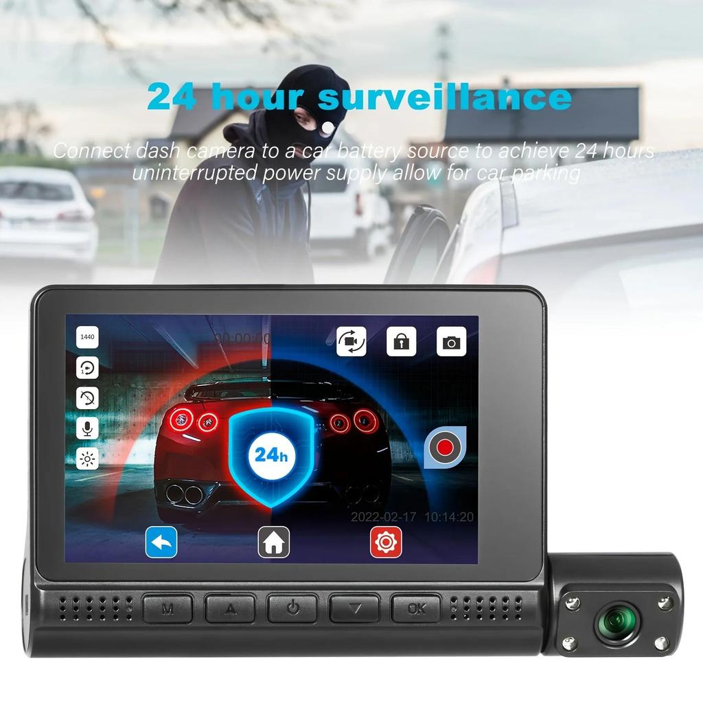 Caméra de tableau de bord DVR pour voiture 4 pouces pour voitures Enregistreur vidéo à 3 objectifs Carplay Dvr Miroir Boîte noire IPS 1080P HD Écran tactile Accessoires de voiture