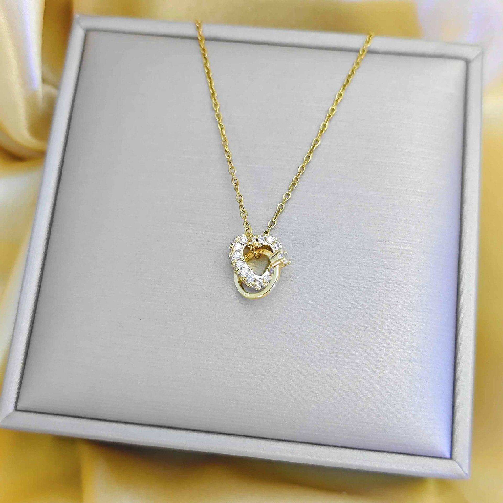 

Double Ring Necklace with Heart Charm - Women s Fashion, Versatile & High-End Design, Chic Collarbone Chain