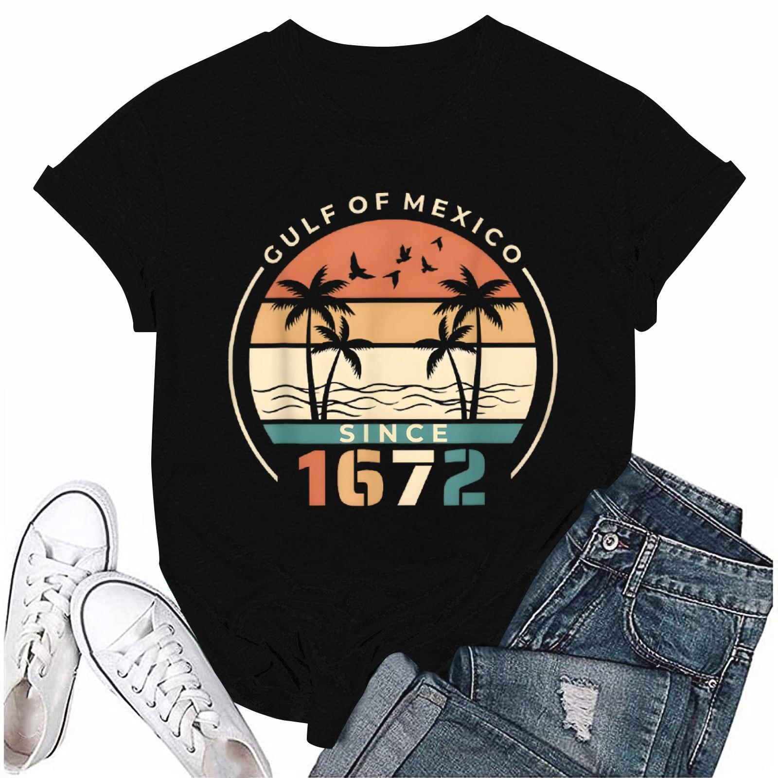 

Женская повседневная свободная пляжная футболка с принтом, круглый вырез, пуловер, короткий рукав, топ L чёрный