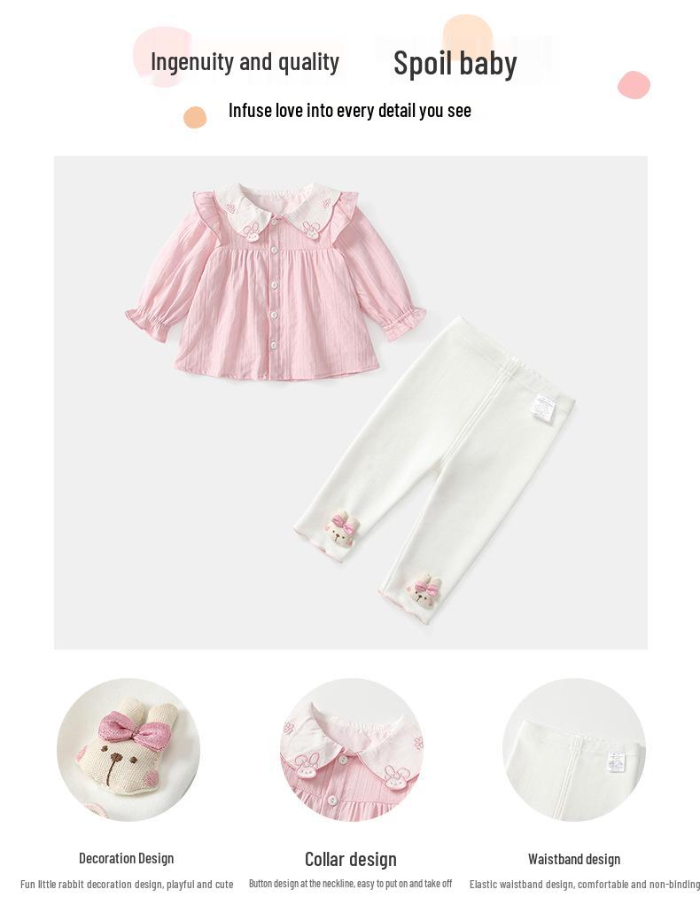 Podzimní roztomilá králičí dvoudílná sada košile s dlouhým rukávem a okvětním límečkem pro miminka a dívky
