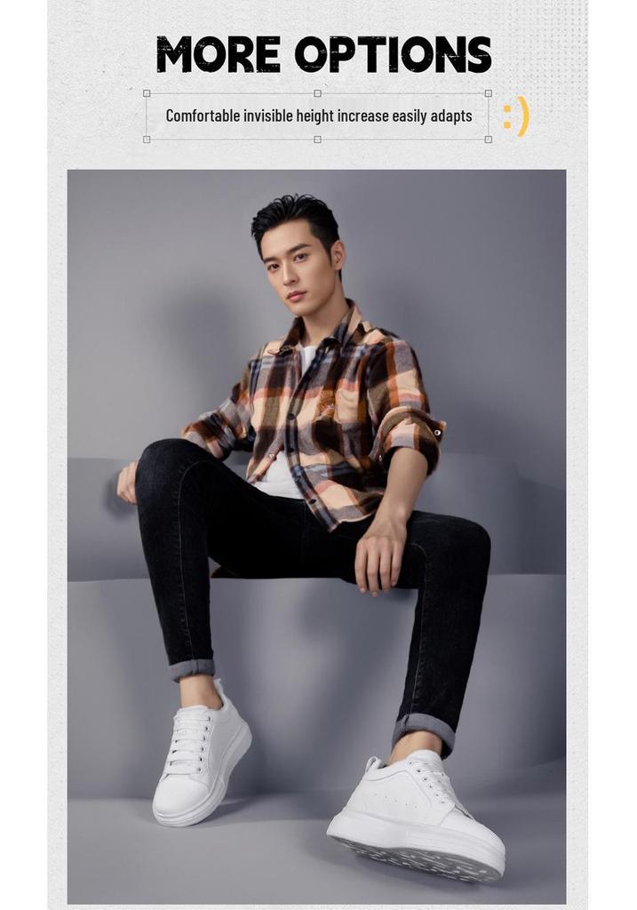Men's White 8CM Height-Increasing Round Toe Microfiber Lace-up Casual Shoes with Thick Sole