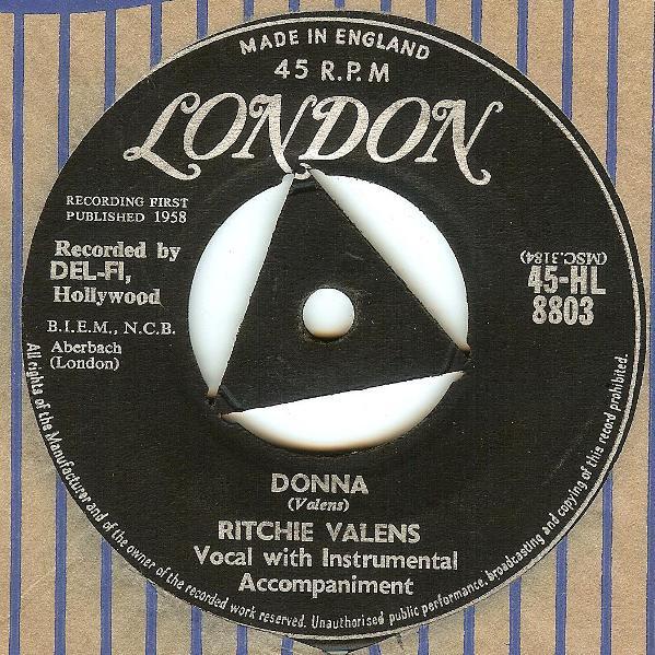 

7inch Record RITCHIE VALENS - Donna 45HL8803 London Records 1959 UK Rock Used