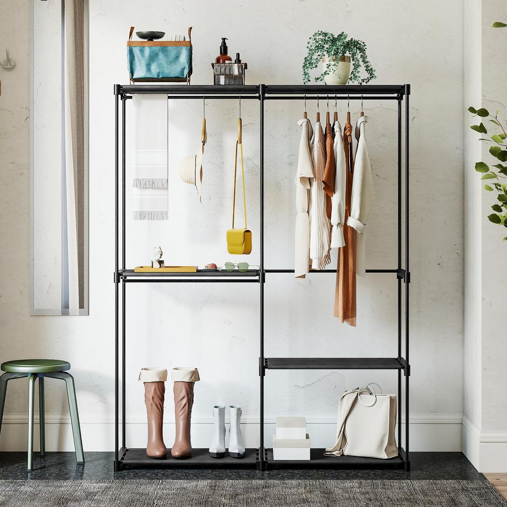 Portable Clothes Rack, Metal Frame, Fabric Shelves, Plenty of Space, Black
