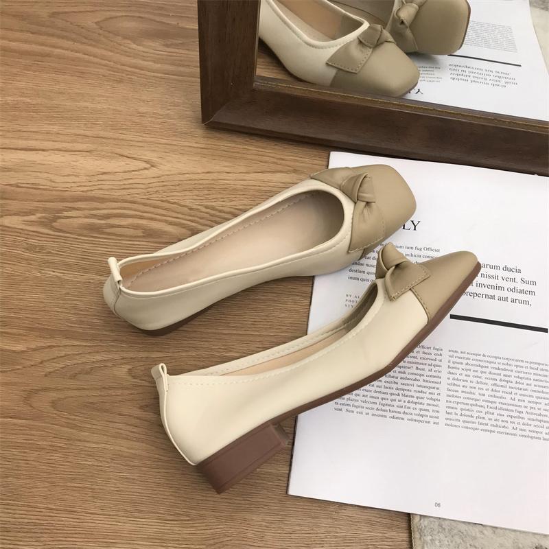 Mode Frauen Ballerinas Schuhe Zweifarbige Splice Bow Runde Flats Schuhe Mode Niedrigen Absatz Flach Weibliche Damen Quadratische Ferse Einzelne Schuhe