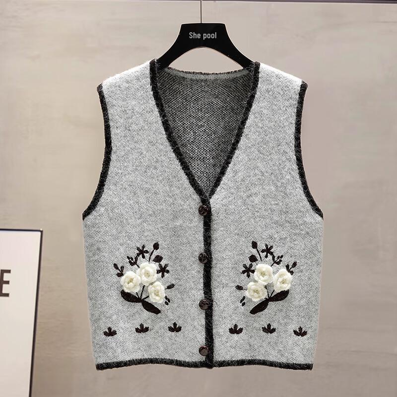 Women's Wool Blend V-Neck Floral Embroidered Vest