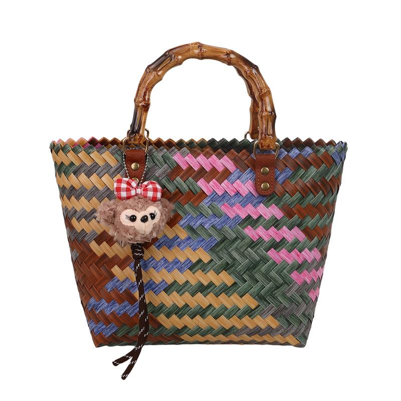 Vintage Striped Sausage Dog Woven Vegetable Basket Girl 2025 Spring New Nylon Rope Pendant Bamboo Handle Handbag Bag