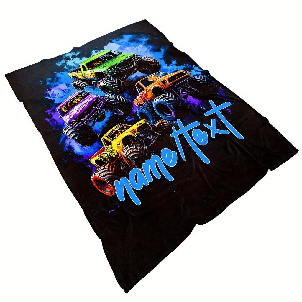 Colorful Monster Trucks Flannel Throw Blanket Personalized Big Truck Racing Boys Blanket