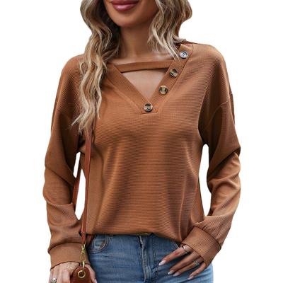Women Spring Autumn Long Sleeve Hollow Out V Neck Solid Color Pullover T Shirt Blouse