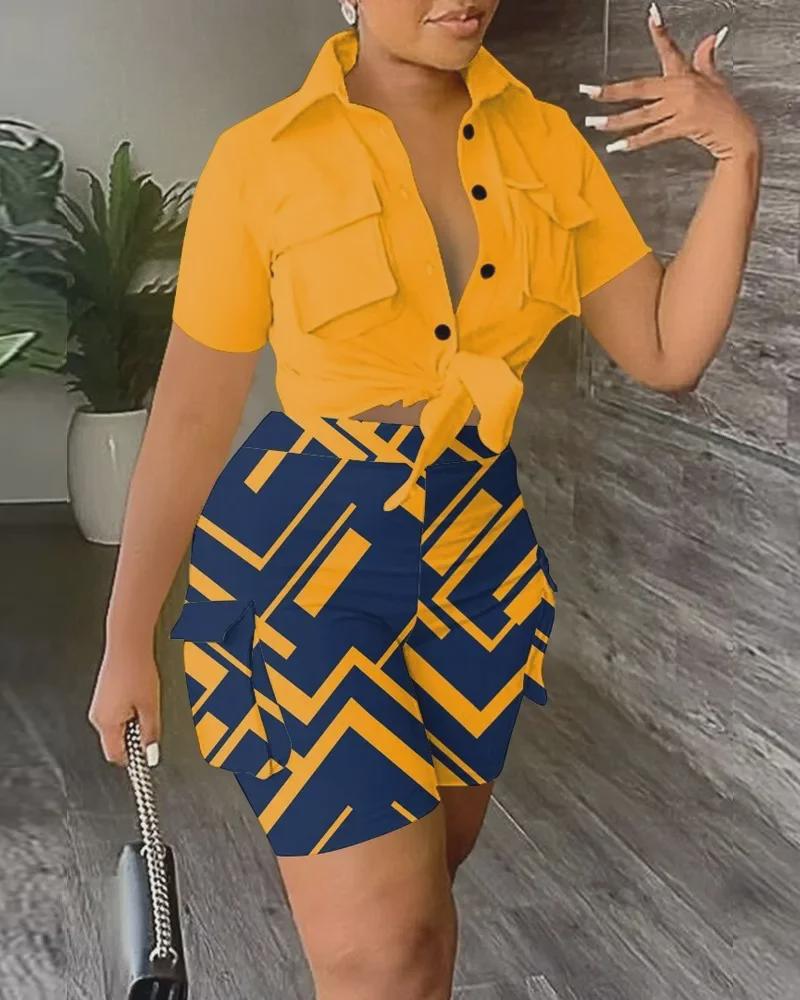 

2023 Летний женский комплект шорт с принтом и короткими рукавами и 3D-карманом Medium