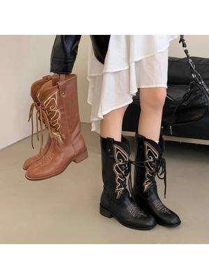 Fashion New Stylish and Versatile Lace-up Round-toed, Thick-heeled, Comfortable One-foot High Boots for Autumn and Winter 2025