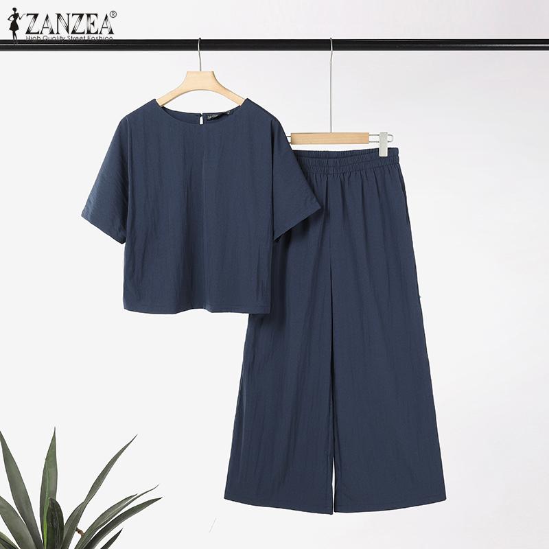 ZANZEA Dame Casual Halvlange Ermer Bluse og Bukser Sommer Todelt Draktssett