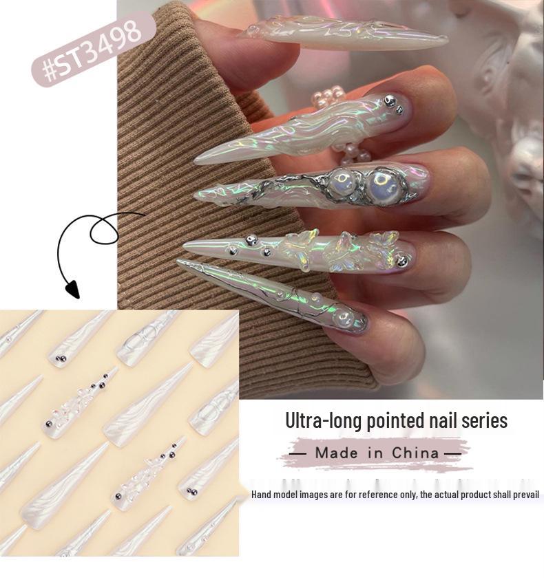 Aurora 3D Butterfly Pointed Beauty Nails - Long Wearable Pearl Nude Glitter with Rhinestones