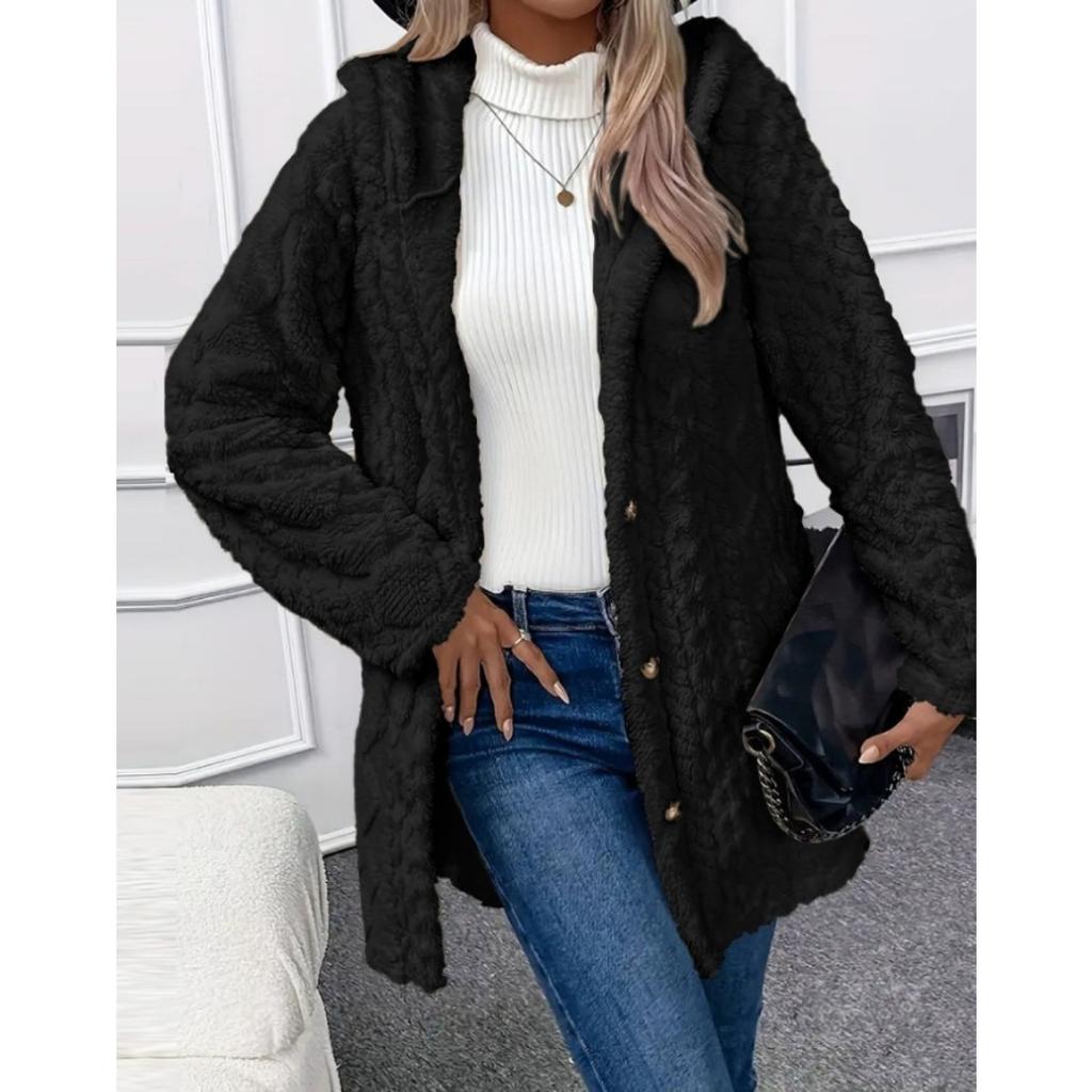 Hooded Solid Color Cardigan Button Up Long Sleeved Casual Fleece Jacket