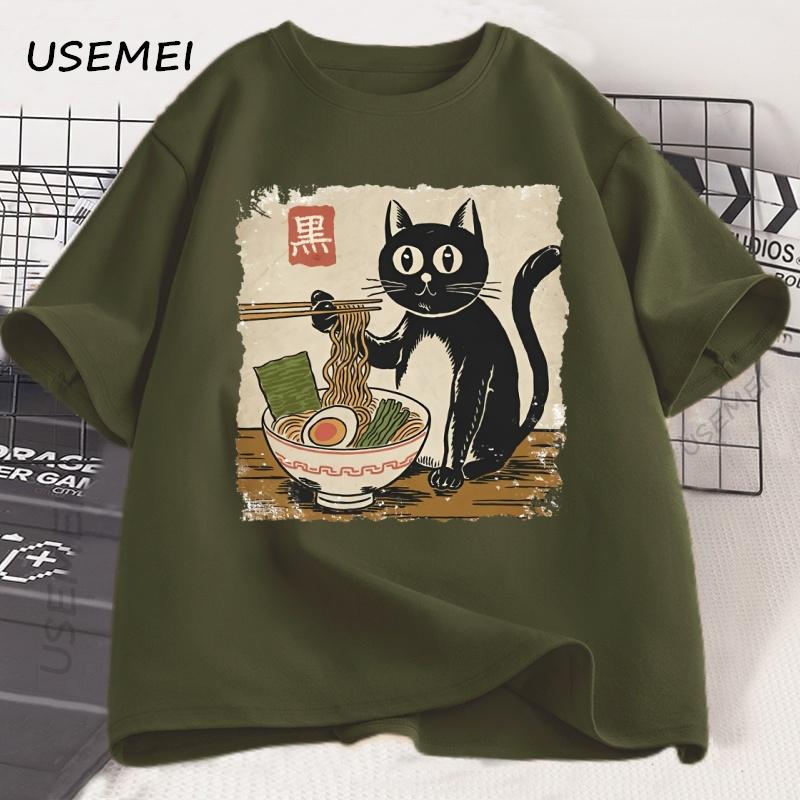 Funny Black Cat Ramen T-shirt Men Women Japanese Graphic Tees Kawaii Cat Anime Print T Shirt Casual Short Sleeve Mens Clothes