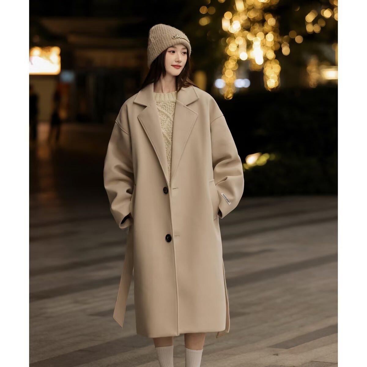 

Пальто из шерсти средней длины в британском стиле для подростков - Парный стиль, Длинный рукав, Стандартная посадка, Прямой низ (Осенний тренд) M хаки