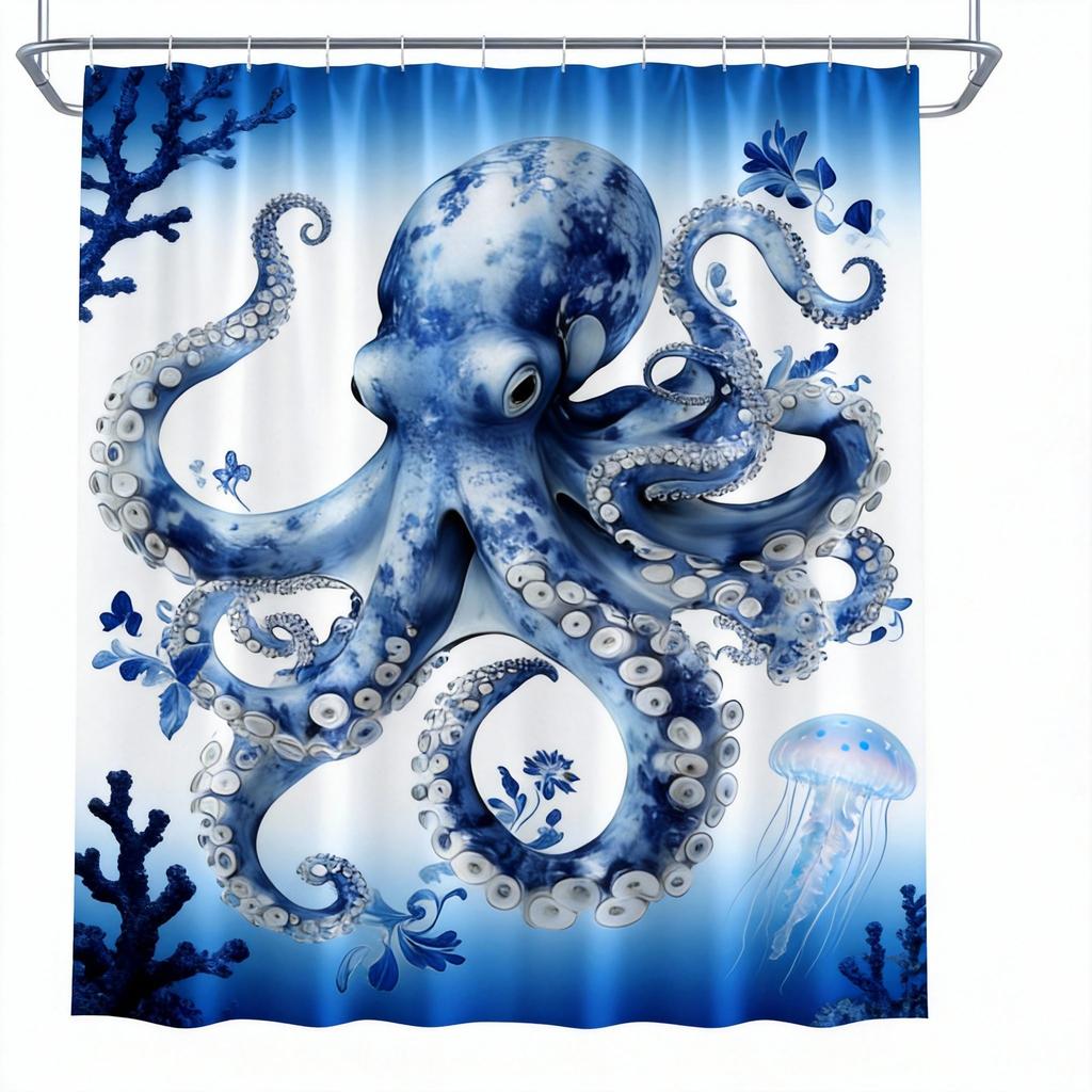 Octopus Shower Curtain Blue and White Porcelain Design, Artistic Ocean Creature Bath Curtain for Modern Bathroom Decor