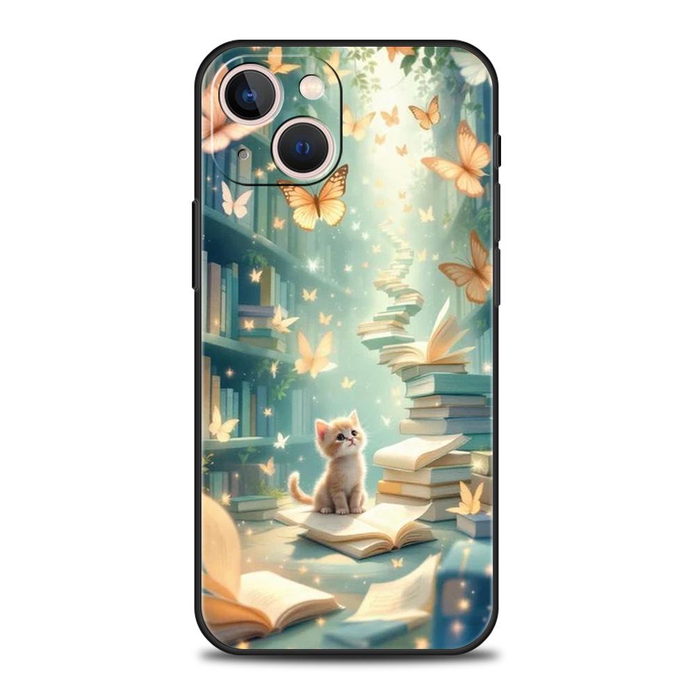 

Phone Case Cover for iPhone 17 16 15 14 13 12 Pro Max 11 Pro Max 17 AIR Plus Soft TPU Shell Cute Butterfly Cat Bookshelf Design iPhone17 ProMax