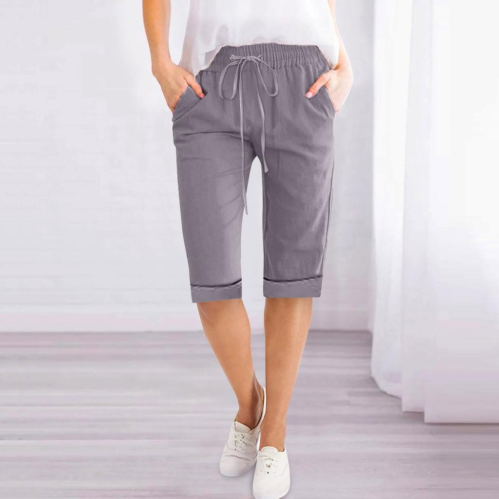Women's Drawstring Mid Waist Capri Pants Loose Straight Leg Linen Five Point Trousers Elegant Solid Pocket Casual Home Shorts