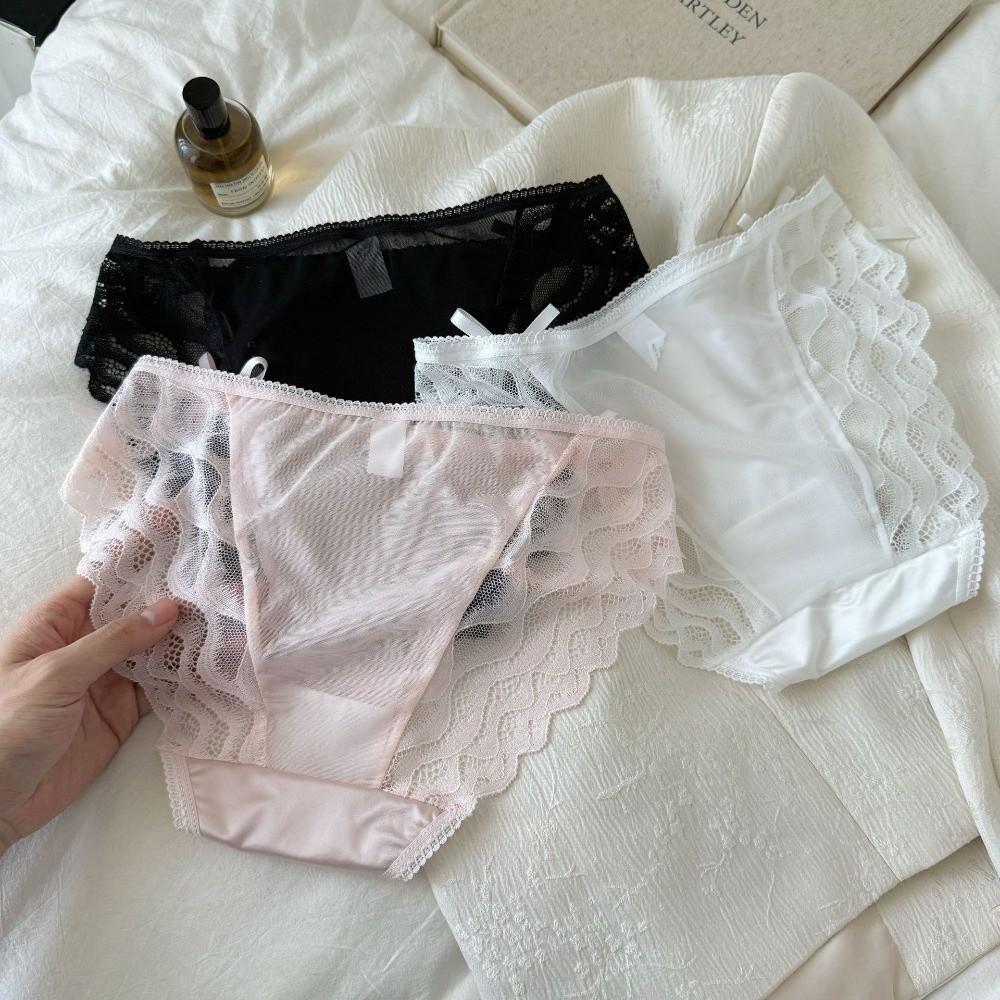 Bow Lace Flower Panties Transparent Women Underwear Sweet Lace Mesh Briefs Gifts