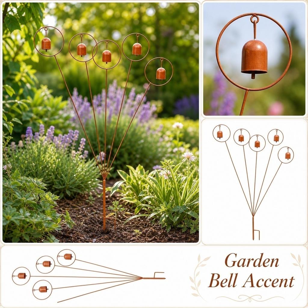 Outdoor Metal Garden Stake with Five Bell Ornaments Decorative Lawn Sculpture Wind Chime Yard Art Plant Support