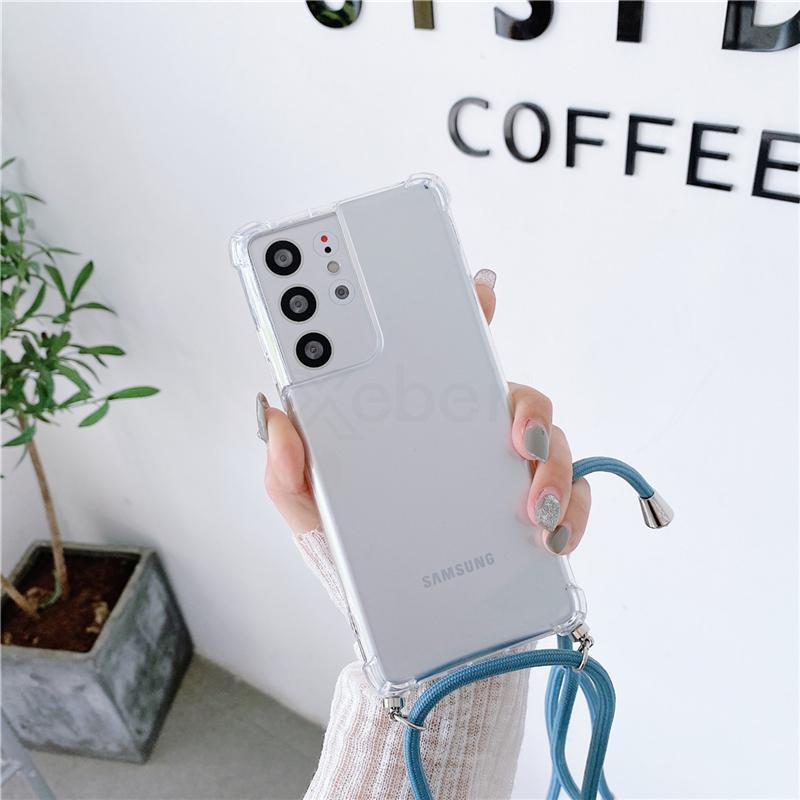 Crossbody Necklace Lanyard Cord Rope Transparent Case For Samsung S24 S23 S22 S21 Ultra S20 FE S10 Plus Shockproof Soft Cover