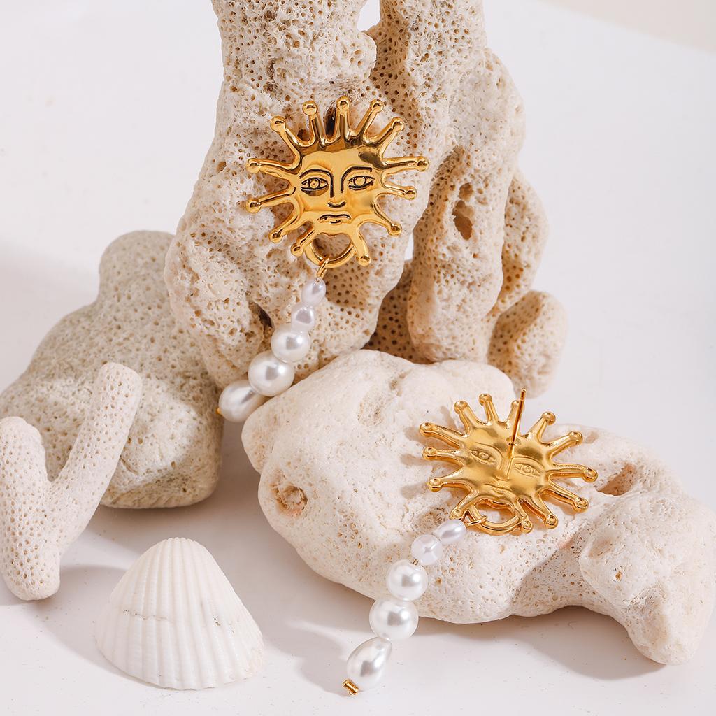 Minority 18K Gold Color Plated Steel Sunflower, Glass Pearl Pendant Earrings, Elegant Light Luxury Women's Jewelry