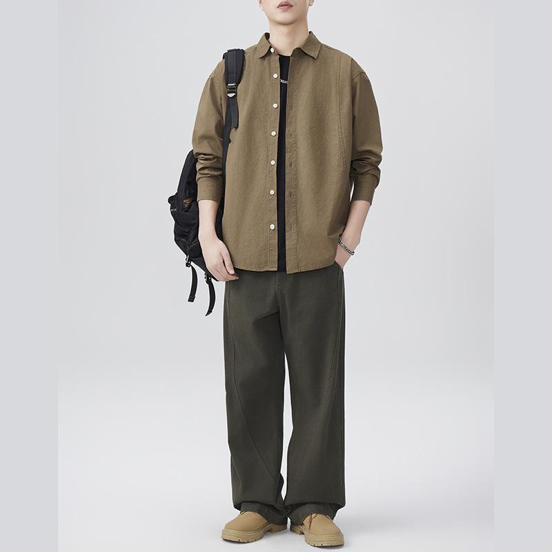 New Japanese Retro Spring Long-sleeved Casual Shirt for Men's Pure Cotton Shirt Solid Color Shirt