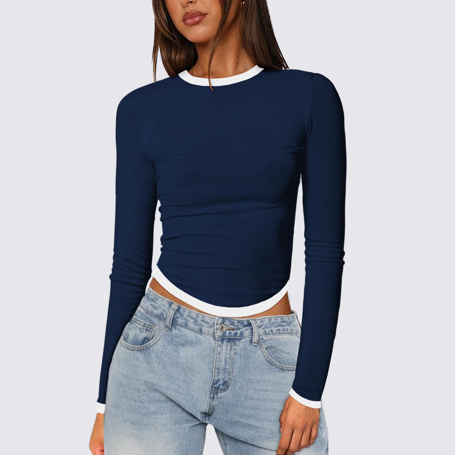 

European and American women s clothing spring and summer new long-sleeved round neck slim-fitting contrasting color short pullover top women XL темно-синього кольору