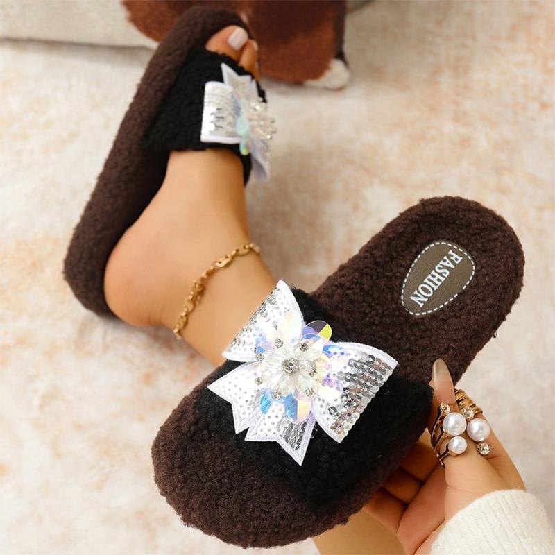 

Модные блестящие хлопковые женские тапочки с бантом, зимние шикарные разноцветные хлопковые тапочки, женские домашние хлопковые шлепанцы на платформе 40-41 чёрный