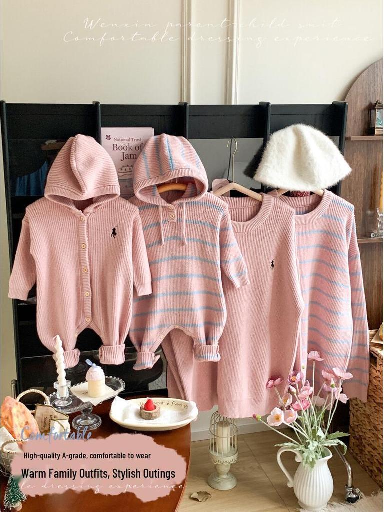 Pink Family Matching Hooded Sweater and Romper Set for Baby's First Hundred Days - Unisex Style for Boys and Girls