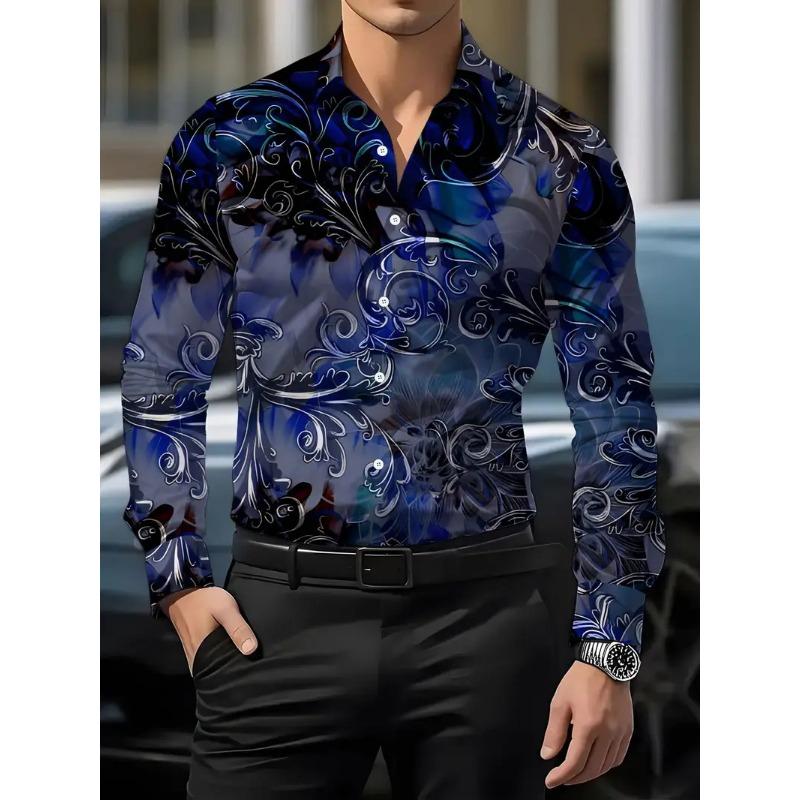 Gold Printed Long Sleeve Single Row Buckle Men's Flower Shirt Casual Shirt Street Fashion Flap-Collar Shirt