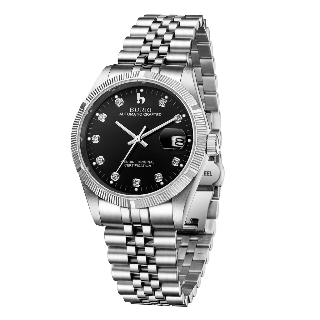 BUREI Men's Automatic Watch Waterproof Analog Date Mechanical Popular Male Brand Stylish Wristwatch Simple Casual Silver Black Watch