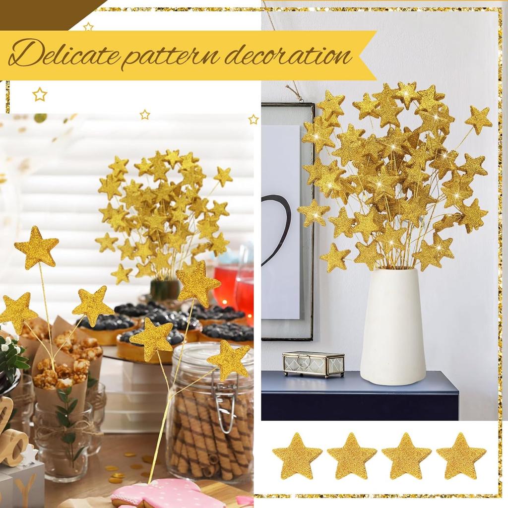 24 Pcs Glitter Star Picks 14.5 Inch Sparkly Star Stem Christmas Star Tree Picks Twinkle Star Sticks Foam Vase Decoration for Christmas Birthday Party