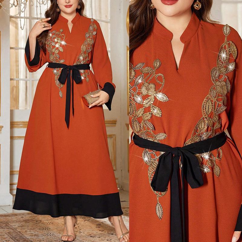 In Stock Plus Size Elegant Embroidered Long Sleeve Autumn Dress