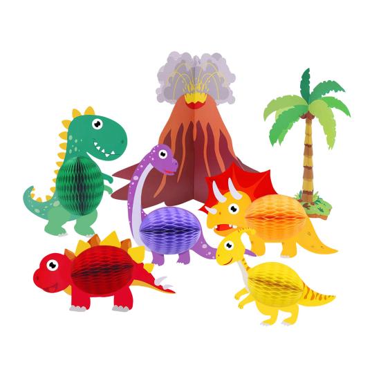 7 Pcs/Set Dinosaur Honeycomb Table Centerpieces Cartoon Animal Paper Honeycomb Ornaments Birthday Party Supplies for Kids Boys