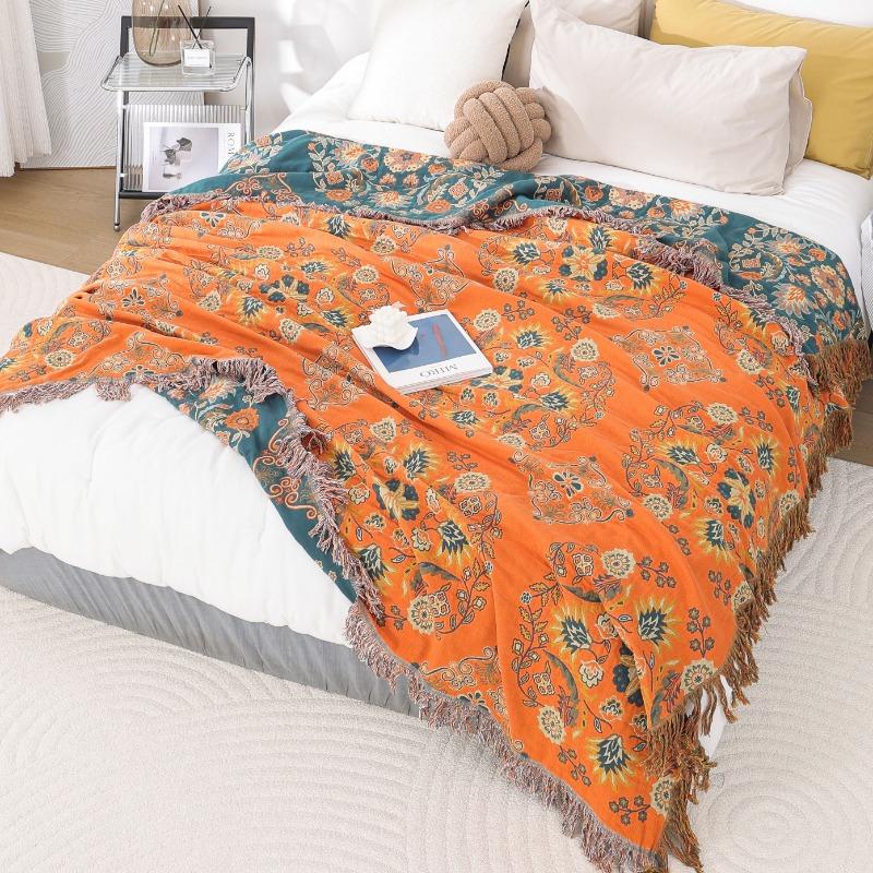 European Linen Sofa Throw with Floral Embroidery & Tassel Trim, Reversible Couch Cover Blanket for Living Room Decor - 110x210cm To 230x250cm