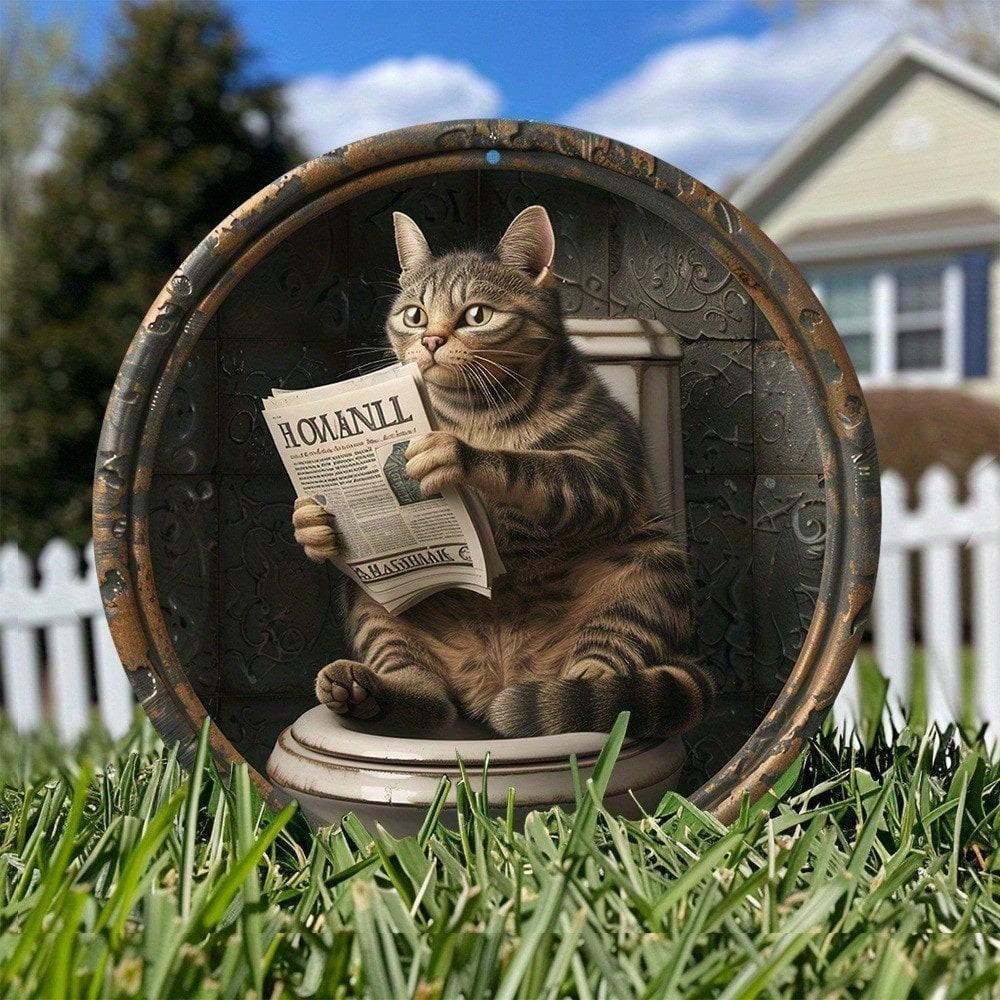 1pc Vintage Cat on Toilet Reading Newspaper Metal Sign, 2D Round Iron Wall Decor, Funny Home Office Garage Decor