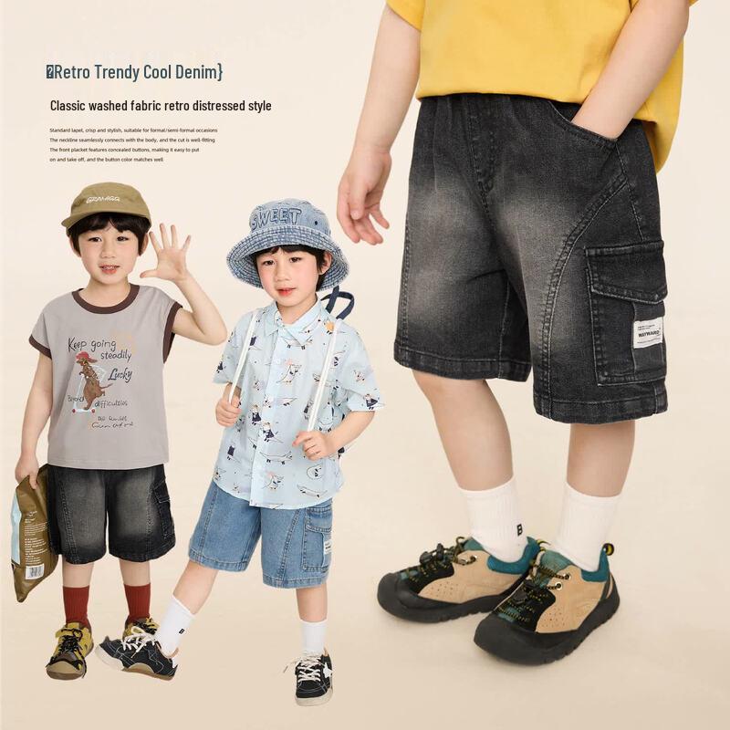 LUSON Kids Retro Workwear Denim 3/4 Length Cargo Shorts 130