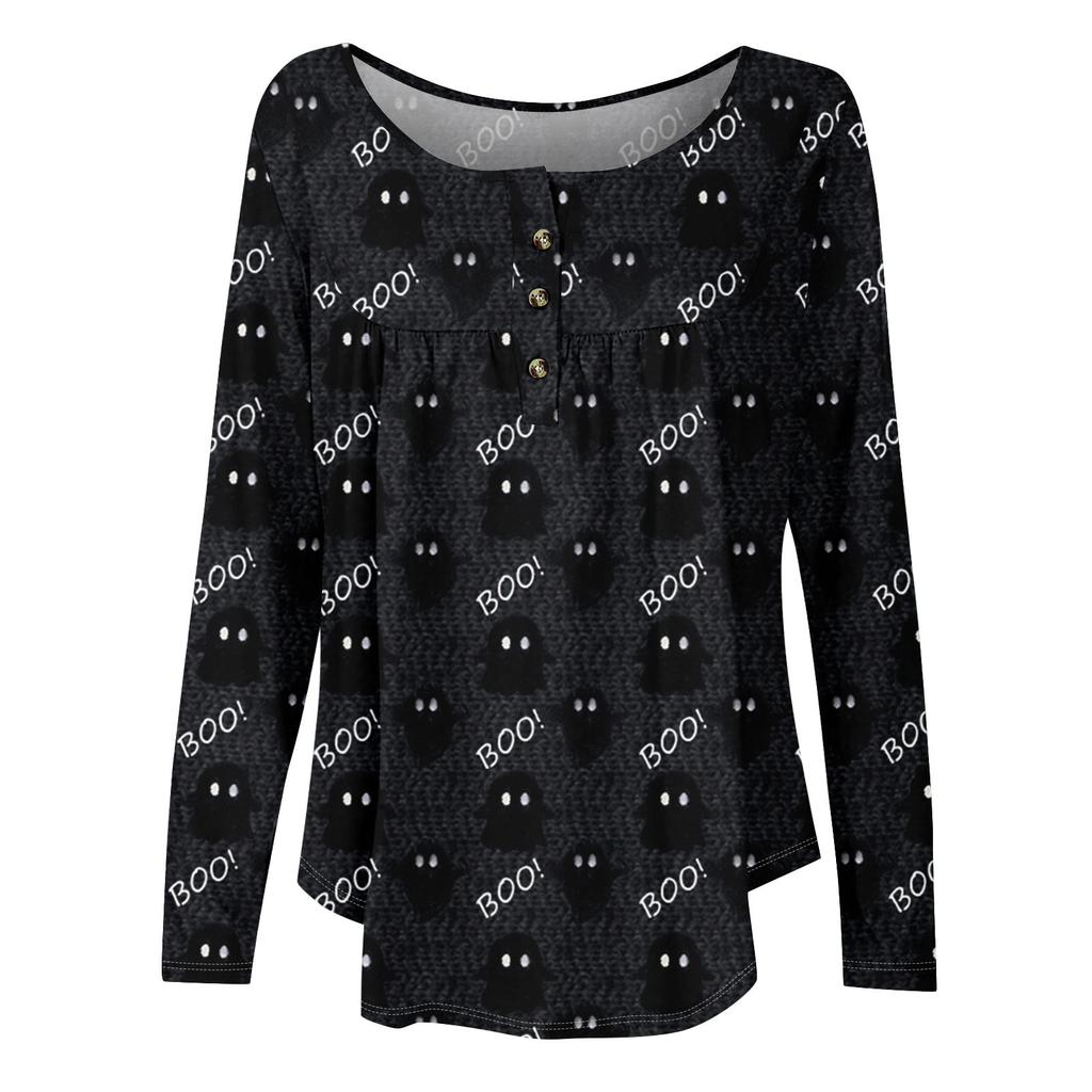 Dame Langermet Tunika Løse Topper Casual Oversized Topper Plissert Tunika Knapper Ned Casual Dame Print Topper