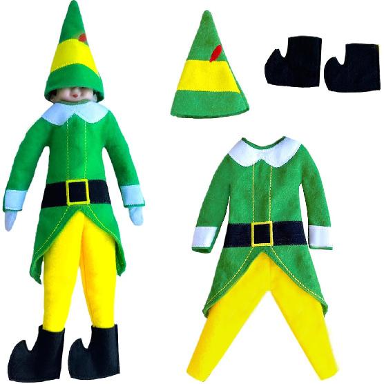 HAEVERAY 4PCS Buddy The Elf Movie Costume for Christmas Elf Doll, Santa s Helper Elf Outfit, Buddy Elf Robe Pants Hat Shoes, Cute Elf Clothes Cosplay