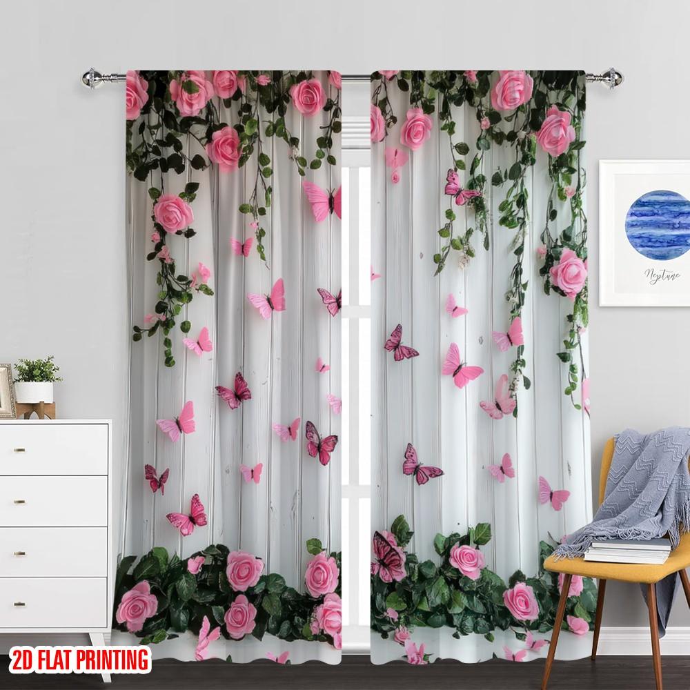 Set Of 2 Flat Printing Curtains Butterfly Pink Rose Versatile Durable Polyester Without Electricity Party Decorations Curtain