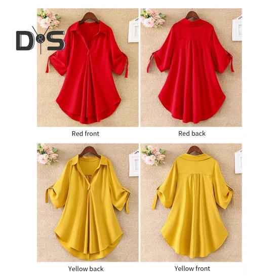 Dámská košile s klopou, poloviční rukáv, střední délka, ležérní topy, jednobarevná, vypasovaná v pase, volný střih, šifonová halenka, pro každodenní nošení