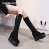 12CM Absatz erhöhend Schwarz Lange Stiefel Keilabsatz Hohe Absätze Plateau Dicke Sohle Stretch Kniehoch Damenstiefel Botas Mujer Herbst