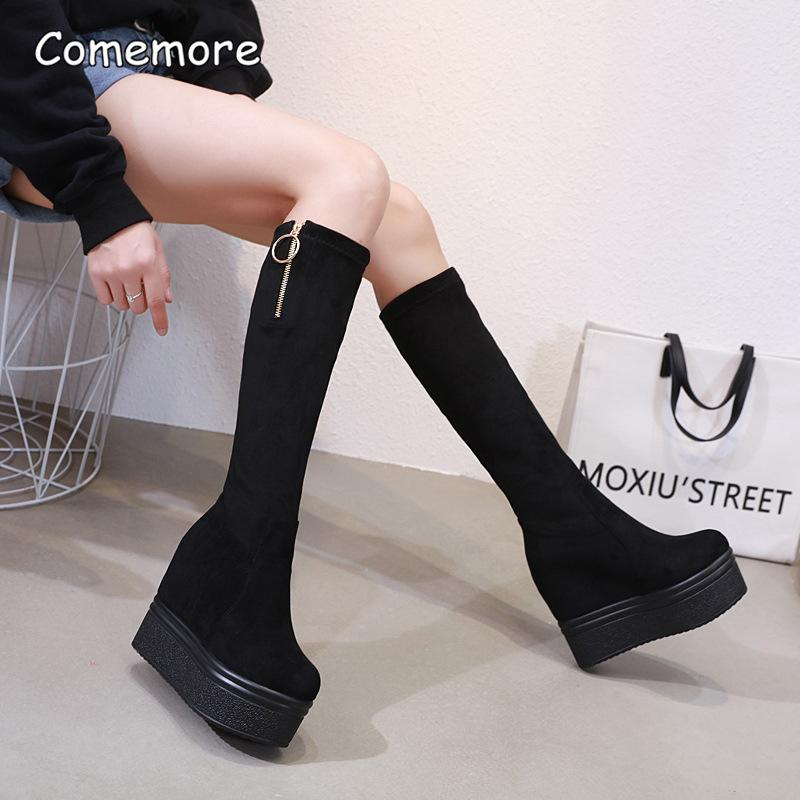 12CM Absatz erhöhend Schwarz Lange Stiefel Keilabsatz Hohe Absätze Plateau Dicke Sohle Stretch Kniehoch Damenstiefel Botas Mujer Herbst