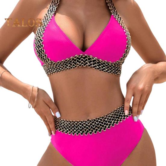2Pcs/Set Women Sexy Bikini Set Halter V-neck Sleeveless Bra High Waist Briefs Set Patchwork Color Backless Swimsuit Bathing Suit