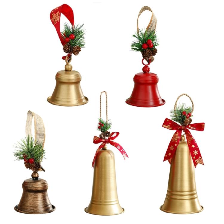 Christmas Bells Decors with Hanging Rope Pine Cone Bowknot Vintage Metal Bells for Tree Wreath Door Wall Decorations