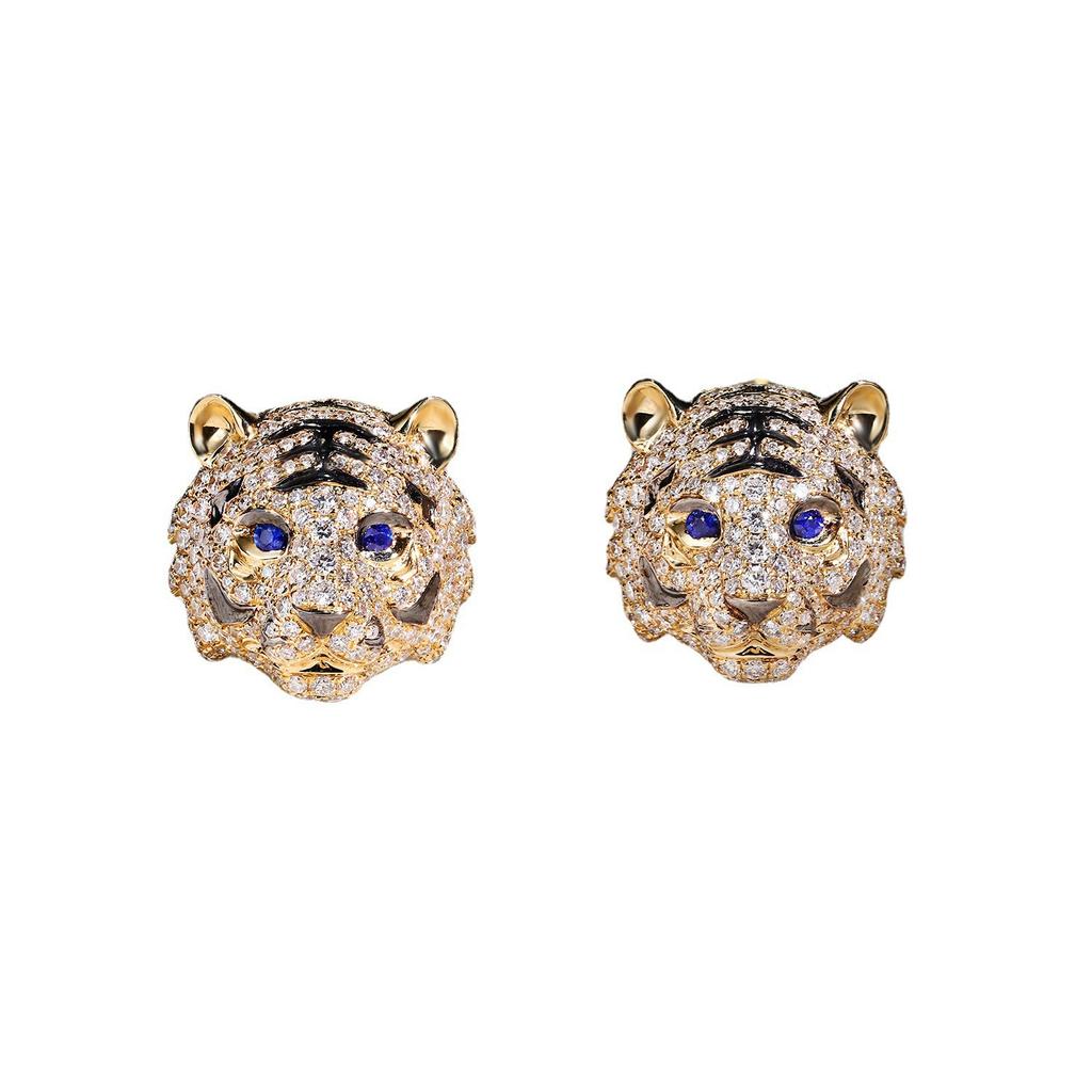 Schwerindustrie-Design Mikro-Eingesetzt mit Diamanten Dominanter Tigerring Damen, Saphir Tiger Leopard Halskette Tierkreis Tiger Ohrstecker Set